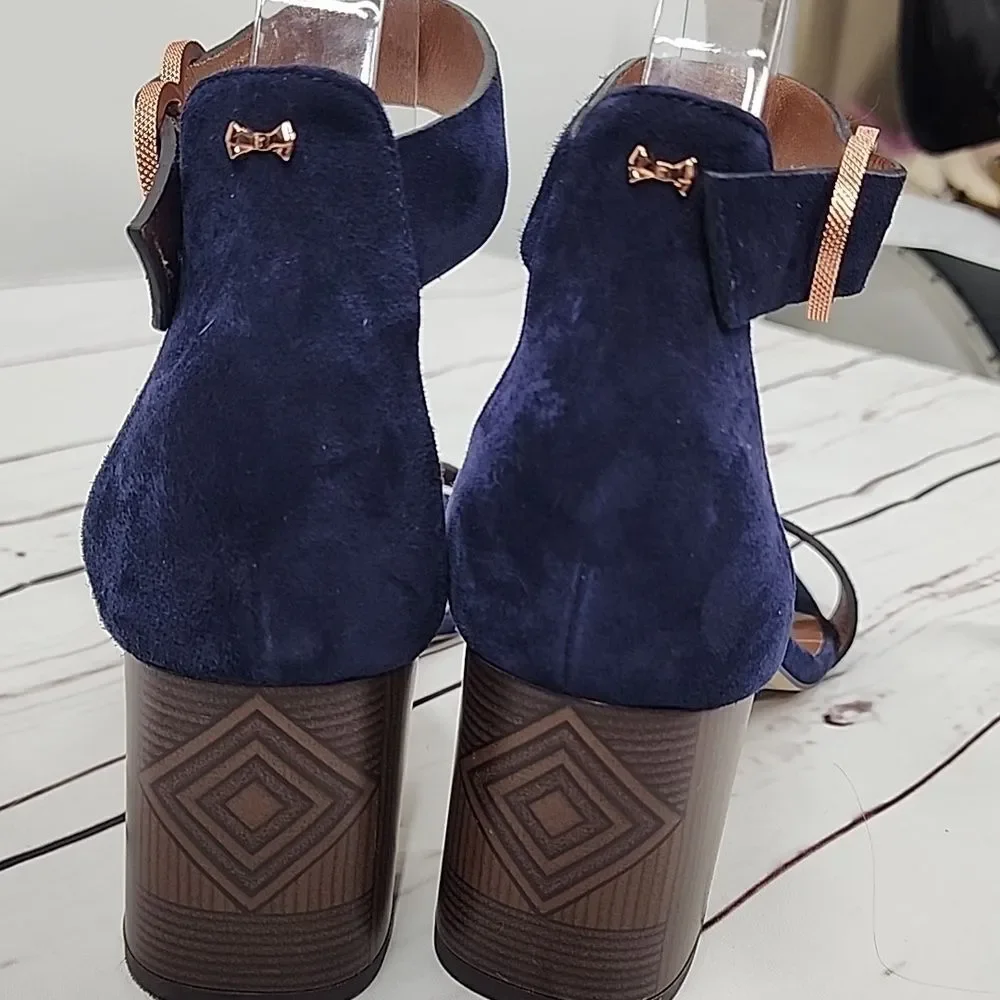 Ted Baker Qarvas Navy Blue Suede Open Toe Ankle Strap Sandals 9.5